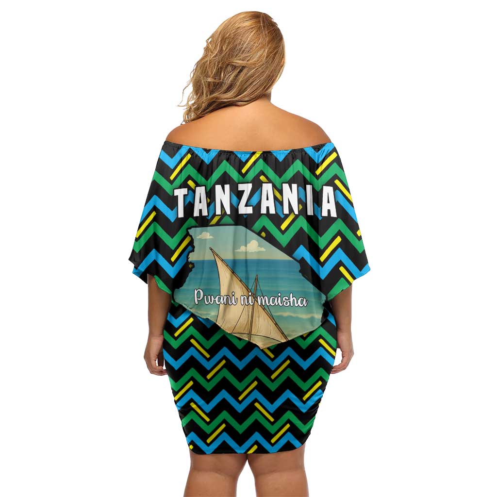 Tanzania Coastal Life Off Shoulder Short Dress with Swahili Dhow Boat and Tribal Pattern - Wonder Print Shop