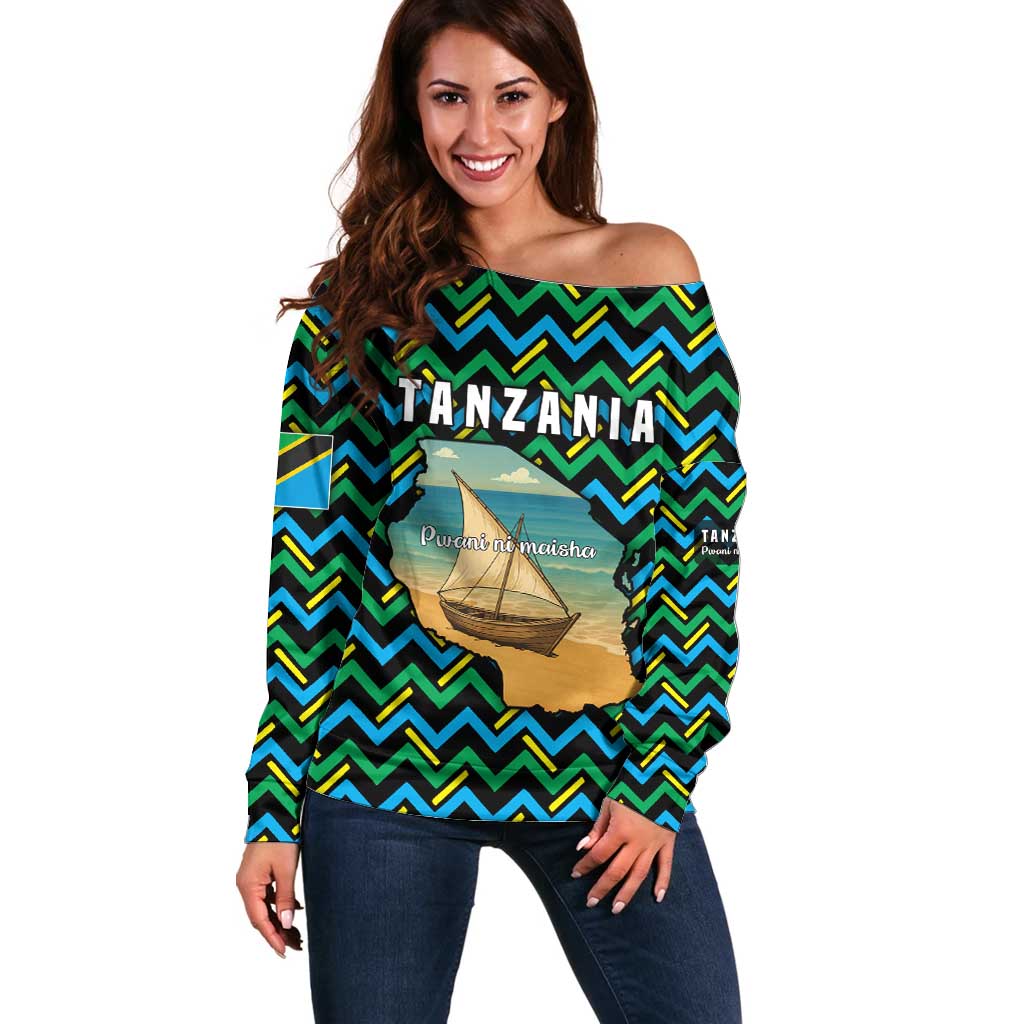 Tanzania Coastal Life Off Shoulder Sweater with Swahili Dhow Boat and Tribal Pattern - Wonder Print Shop