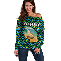 Tanzania Coastal Life Off Shoulder Sweater with Swahili Dhow Boat and Tribal Pattern - Wonder Print Shop