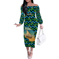 Tanzania Coastal Life Off The Shoulder Long Sleeve Dress with Swahili Dhow Boat and Tribal Pattern - Wonder Print Shop