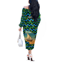 Tanzania Coastal Life Off The Shoulder Long Sleeve Dress with Swahili Dhow Boat and Tribal Pattern - Wonder Print Shop