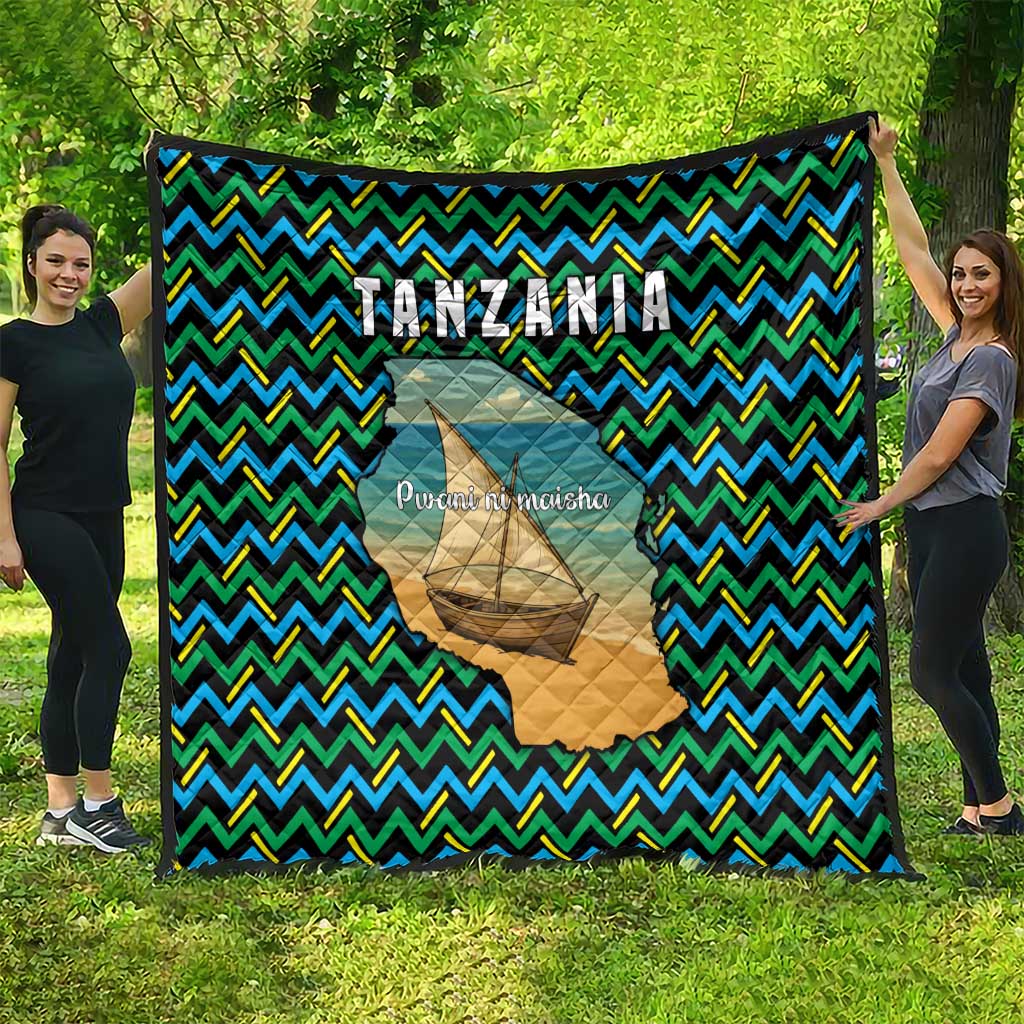 Tanzania Coastal Life Quilt with Swahili Dhow Boat and Tribal Pattern - Wonder Print Shop