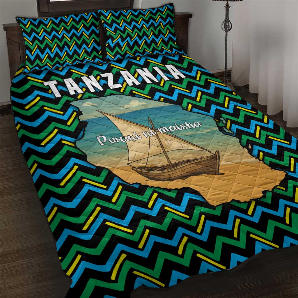 Tanzania Coastal Life Quilt Bed Set with Swahili Dhow Boat and Tribal Pattern - Wonder Print Shop