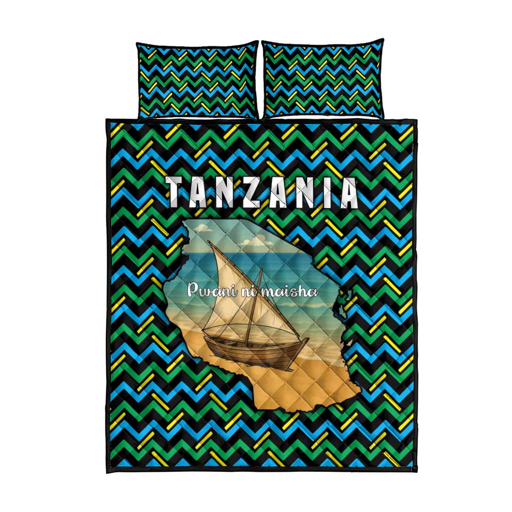 Tanzania Coastal Life Quilt Bed Set with Swahili Dhow Boat and Tribal Pattern - Wonder Print Shop