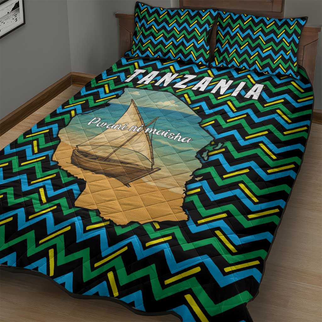 Tanzania Coastal Life Quilt Bed Set with Swahili Dhow Boat and Tribal Pattern - Wonder Print Shop