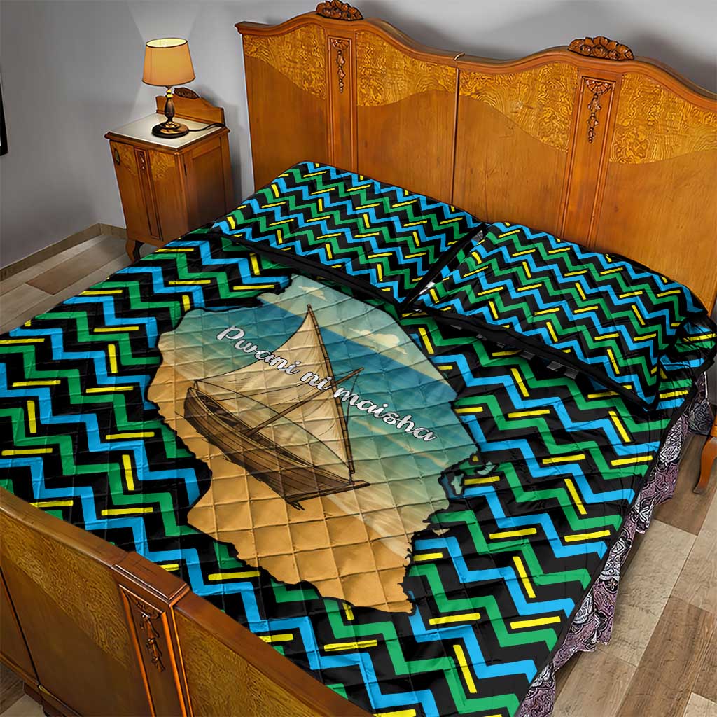 Tanzania Coastal Life Quilt Bed Set with Swahili Dhow Boat and Tribal Pattern - Wonder Print Shop