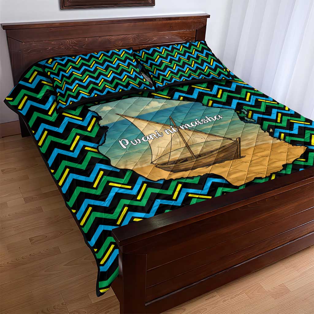Tanzania Coastal Life Quilt Bed Set with Swahili Dhow Boat and Tribal Pattern - Wonder Print Shop