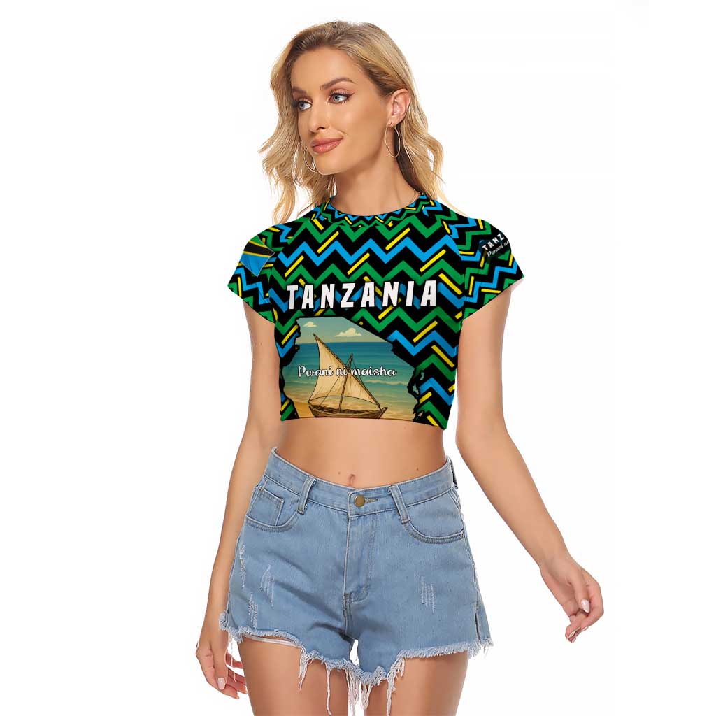 Tanzania Coastal Life Raglan Cropped T Shirt with Swahili Dhow Boat and Tribal Pattern - Wonder Print Shop