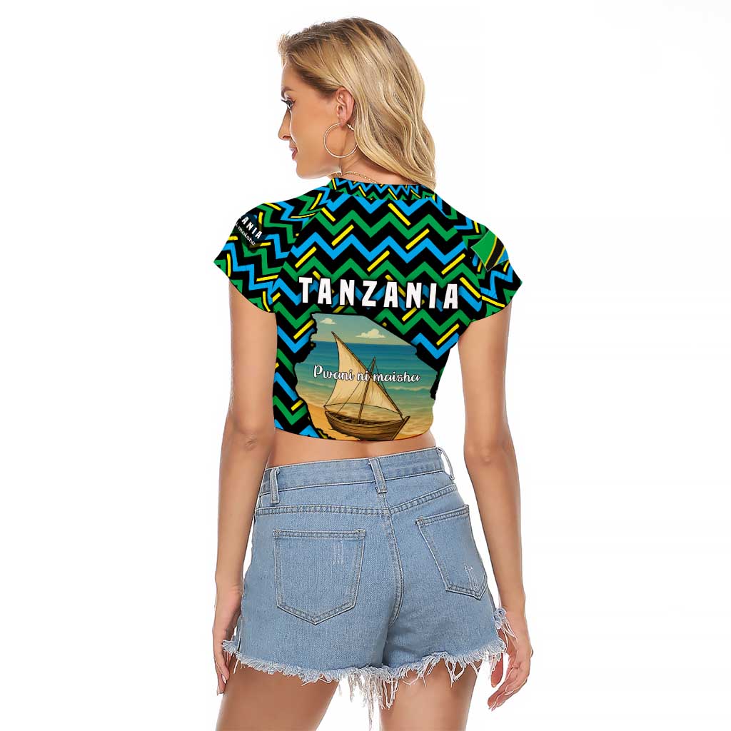 Tanzania Coastal Life Raglan Cropped T Shirt with Swahili Dhow Boat and Tribal Pattern - Wonder Print Shop