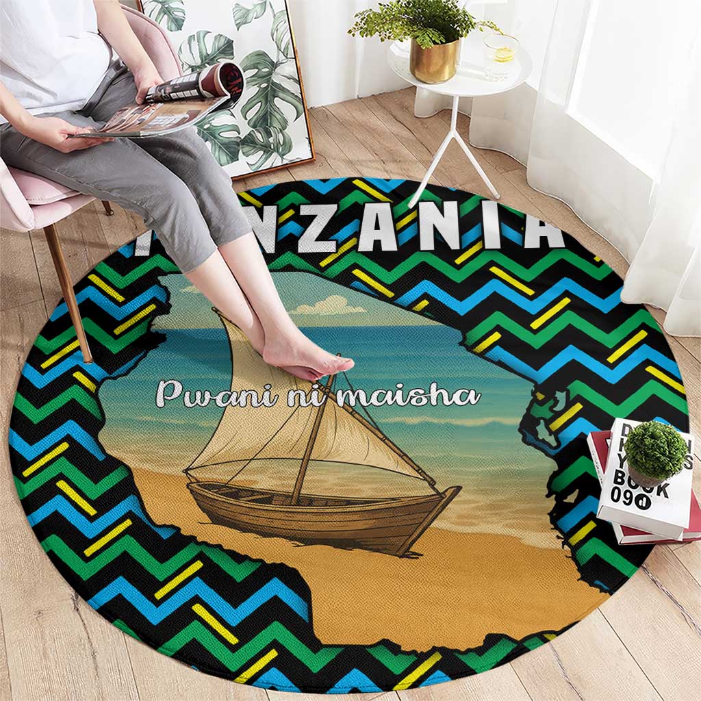 Tanzania Coastal Life Round Carpet with Swahili Dhow Boat and Tribal Pattern - Wonder Print Shop