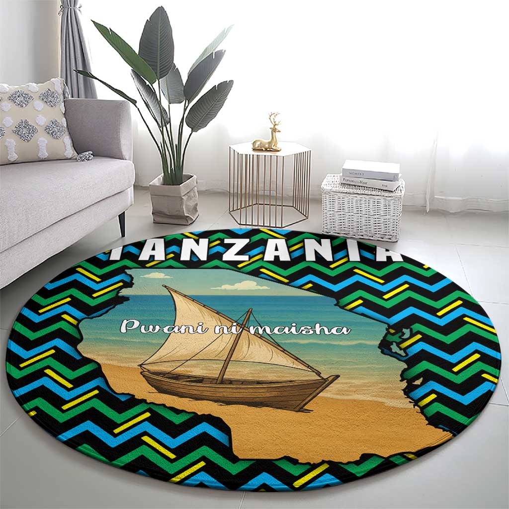 Tanzania Coastal Life Round Carpet with Swahili Dhow Boat and Tribal Pattern - Wonder Print Shop