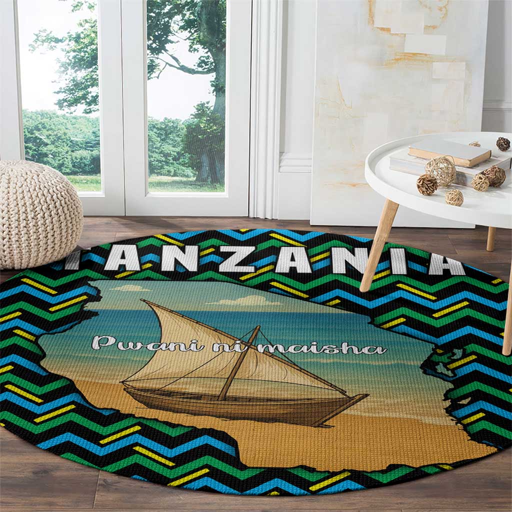 Tanzania Coastal Life Round Carpet with Swahili Dhow Boat and Tribal Pattern - Wonder Print Shop