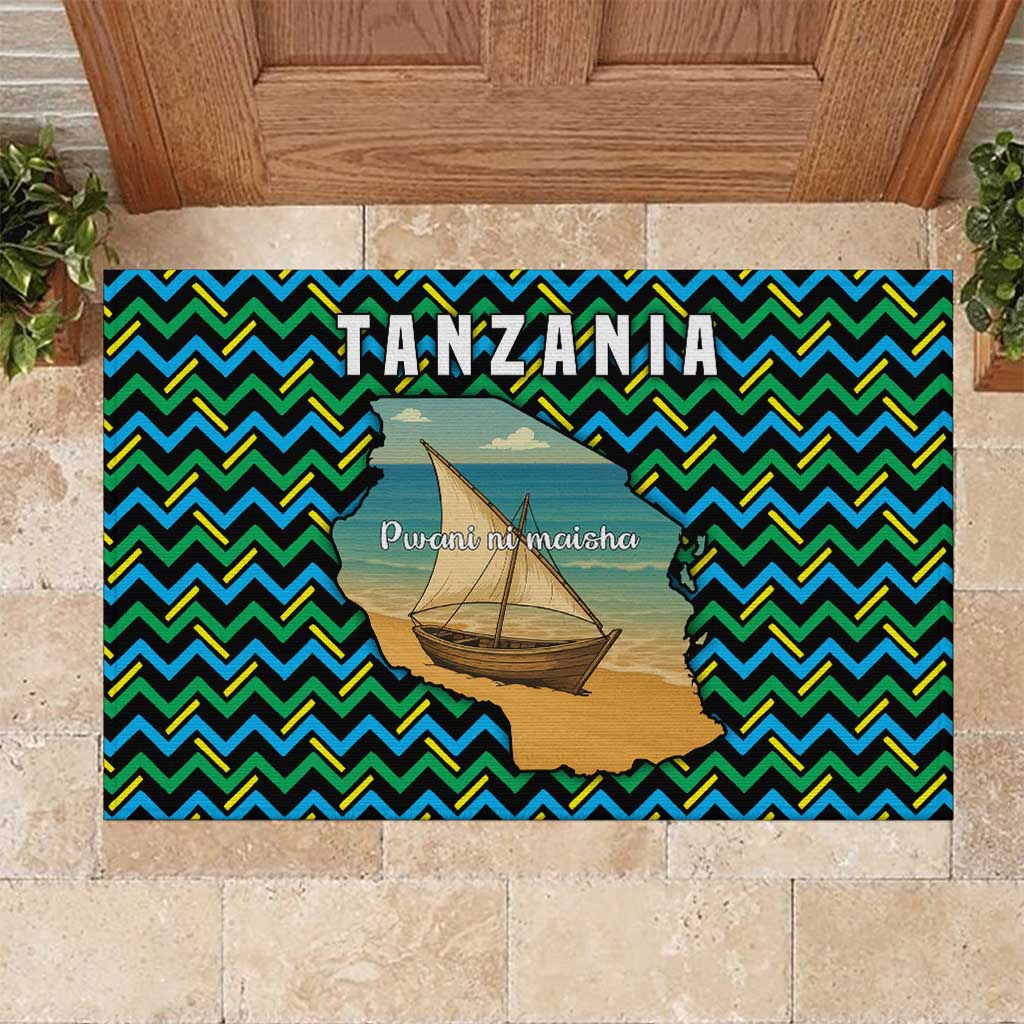 Tanzania Coastal Life Rubber Doormat with Swahili Dhow Boat and Tribal Pattern - Wonder Print Shop