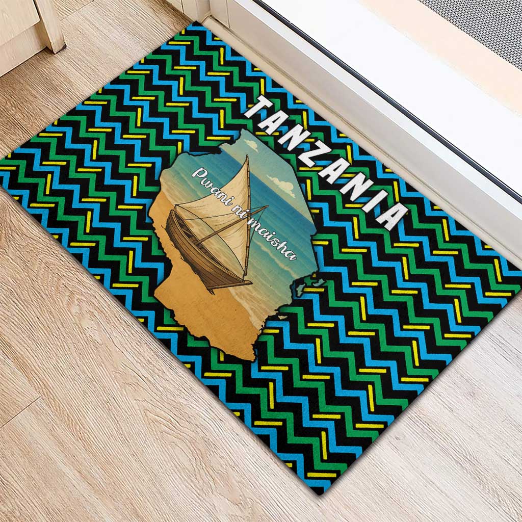 Tanzania Coastal Life Rubber Doormat with Swahili Dhow Boat and Tribal Pattern - Wonder Print Shop