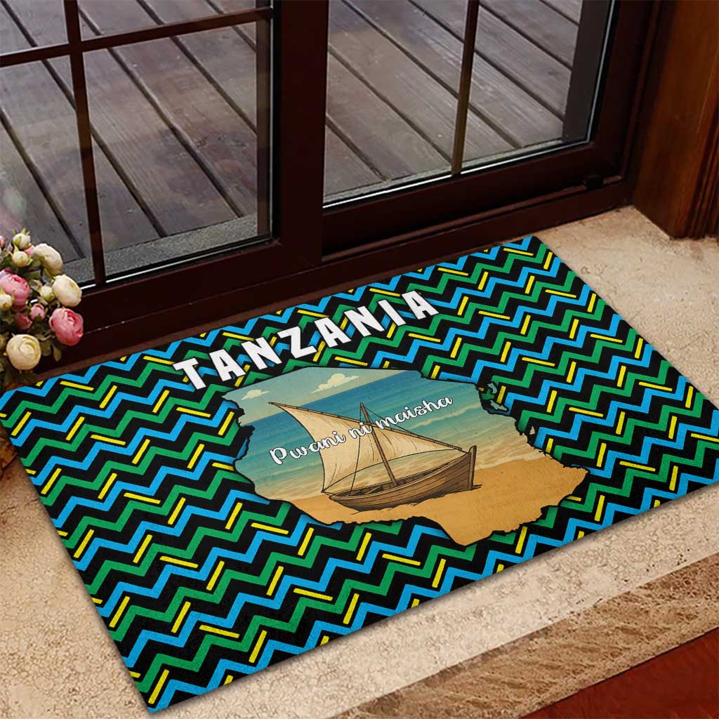Tanzania Coastal Life Rubber Doormat with Swahili Dhow Boat and Tribal Pattern - Wonder Print Shop