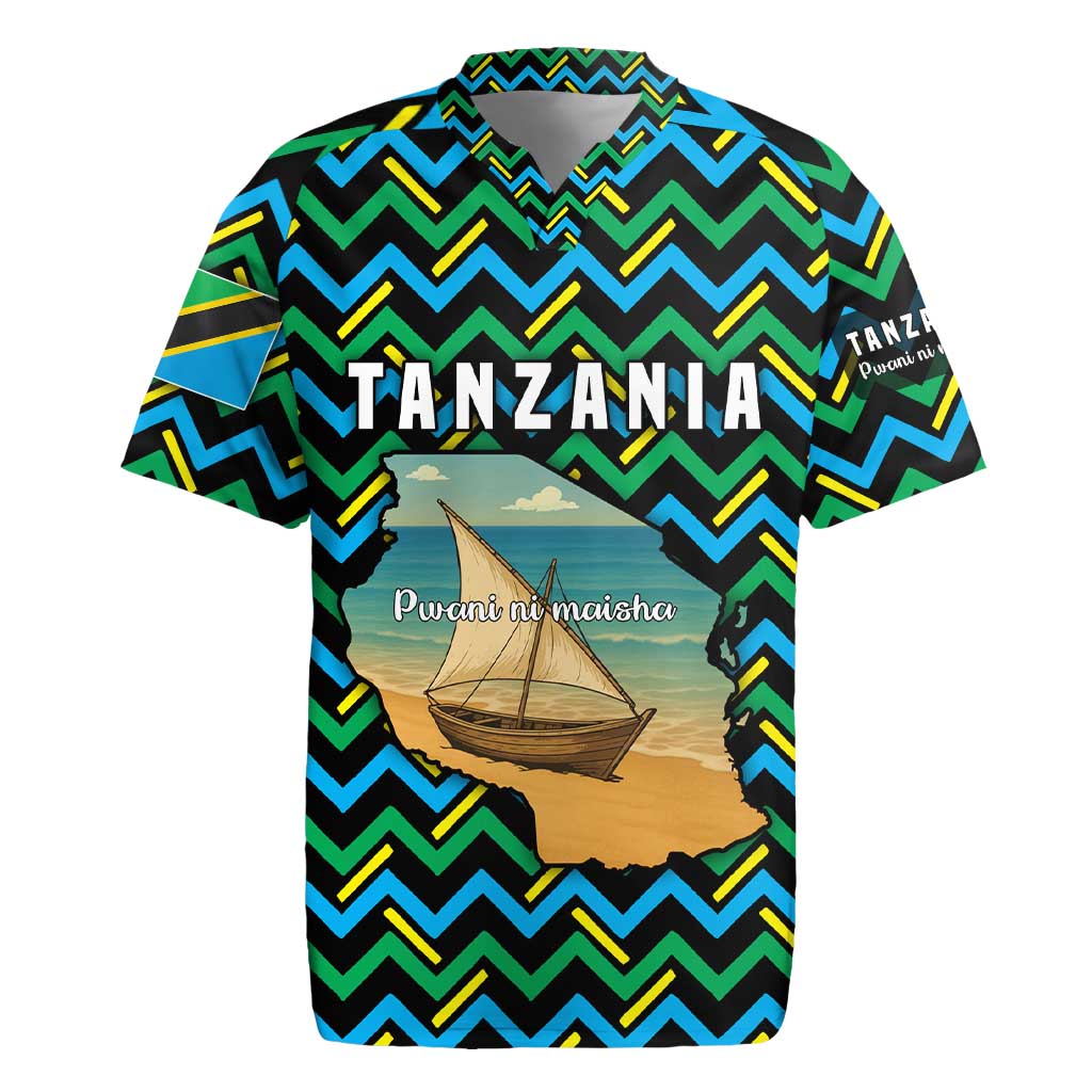 Tanzania Coastal Life Rugby Jersey with Swahili Dhow Boat and Tribal Pattern - Wonder Print Shop