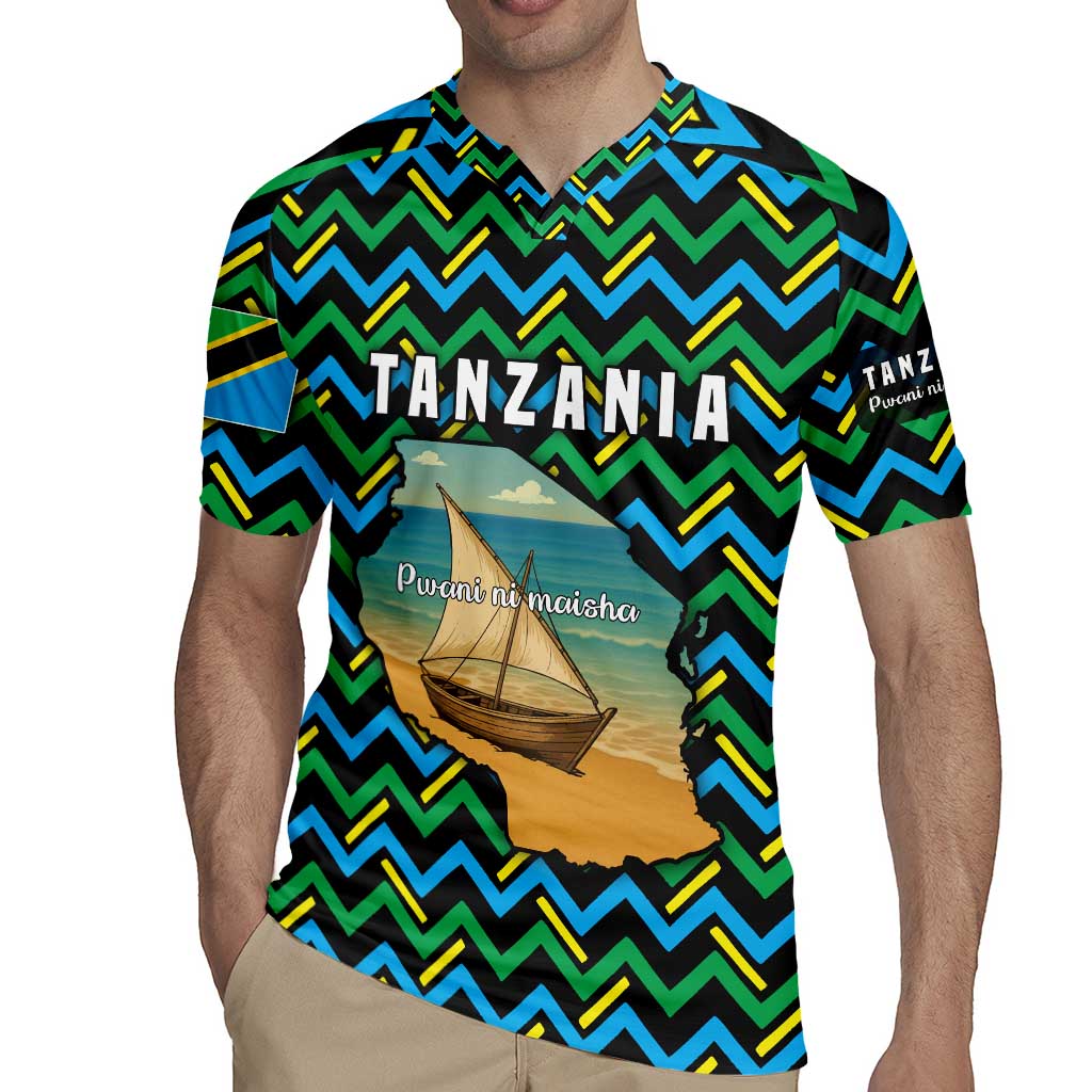 Tanzania Coastal Life Rugby Jersey with Swahili Dhow Boat and Tribal Pattern - Wonder Print Shop