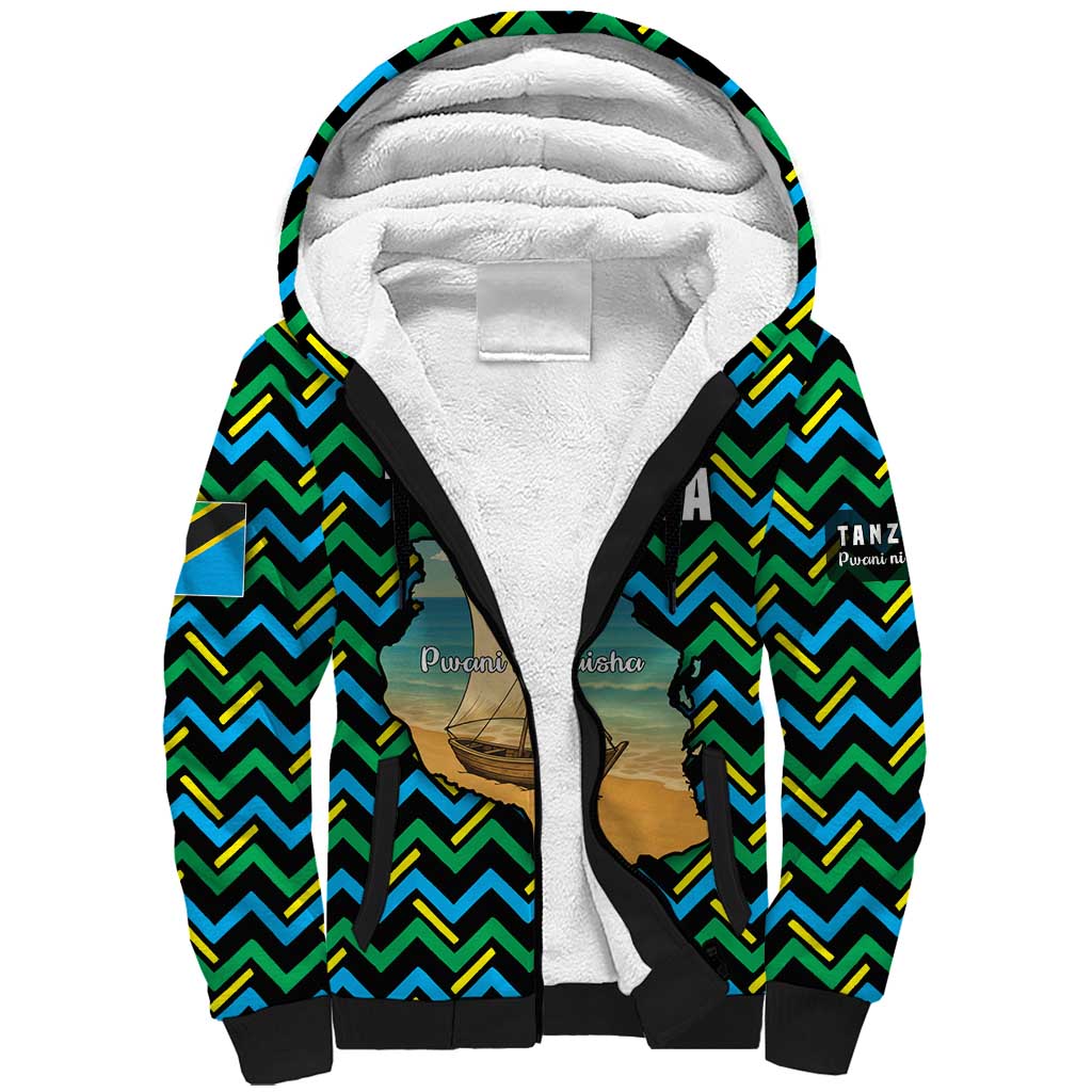Tanzania Coastal Life Sherpa Hoodie with Swahili Dhow Boat and Tribal Pattern - Wonder Print Shop