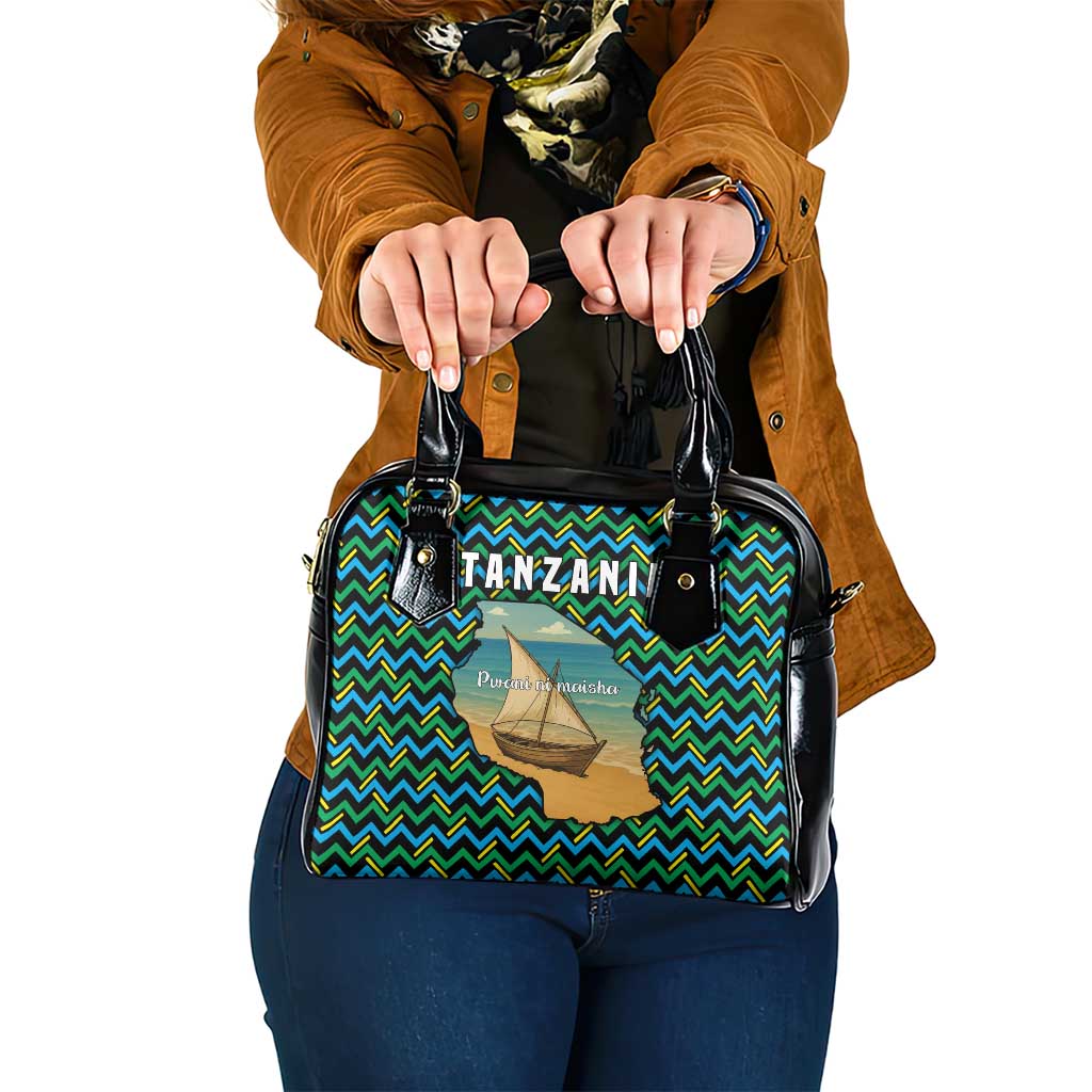 Tanzania Coastal Life Shoulder Handbag with Swahili Dhow Boat and Tribal Pattern - Wonder Print Shop