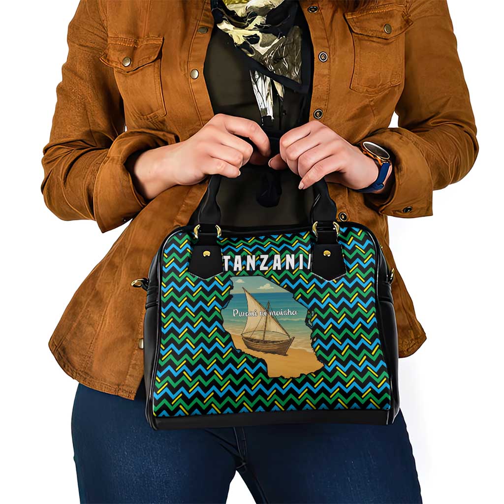 Tanzania Coastal Life Shoulder Handbag with Swahili Dhow Boat and Tribal Pattern - Wonder Print Shop