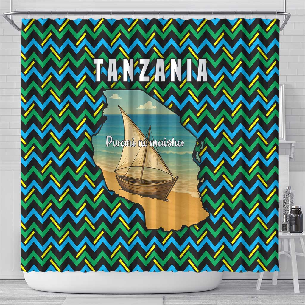Tanzania Coastal Life Shower Curtain with Swahili Dhow Boat and Tribal Pattern - Wonder Print Shop