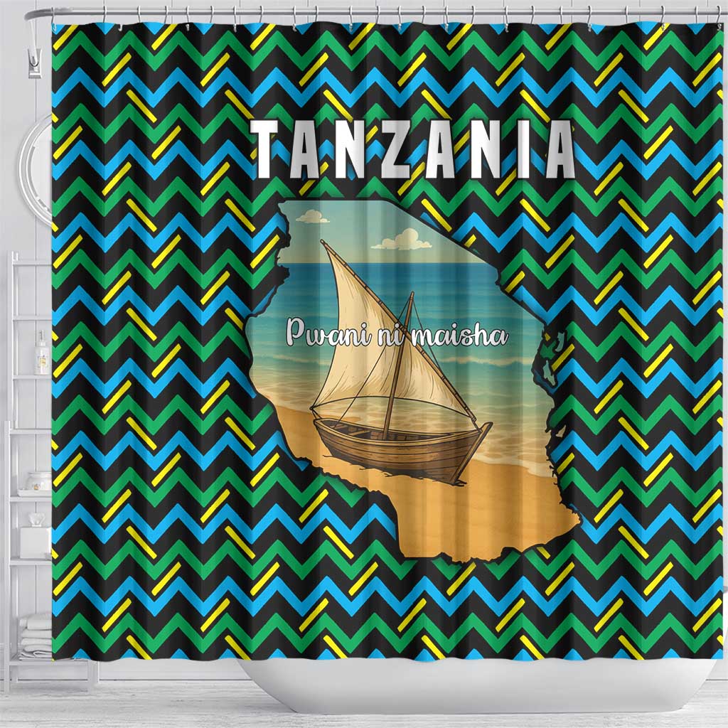Tanzania Coastal Life Shower Curtain with Swahili Dhow Boat and Tribal Pattern - Wonder Print Shop