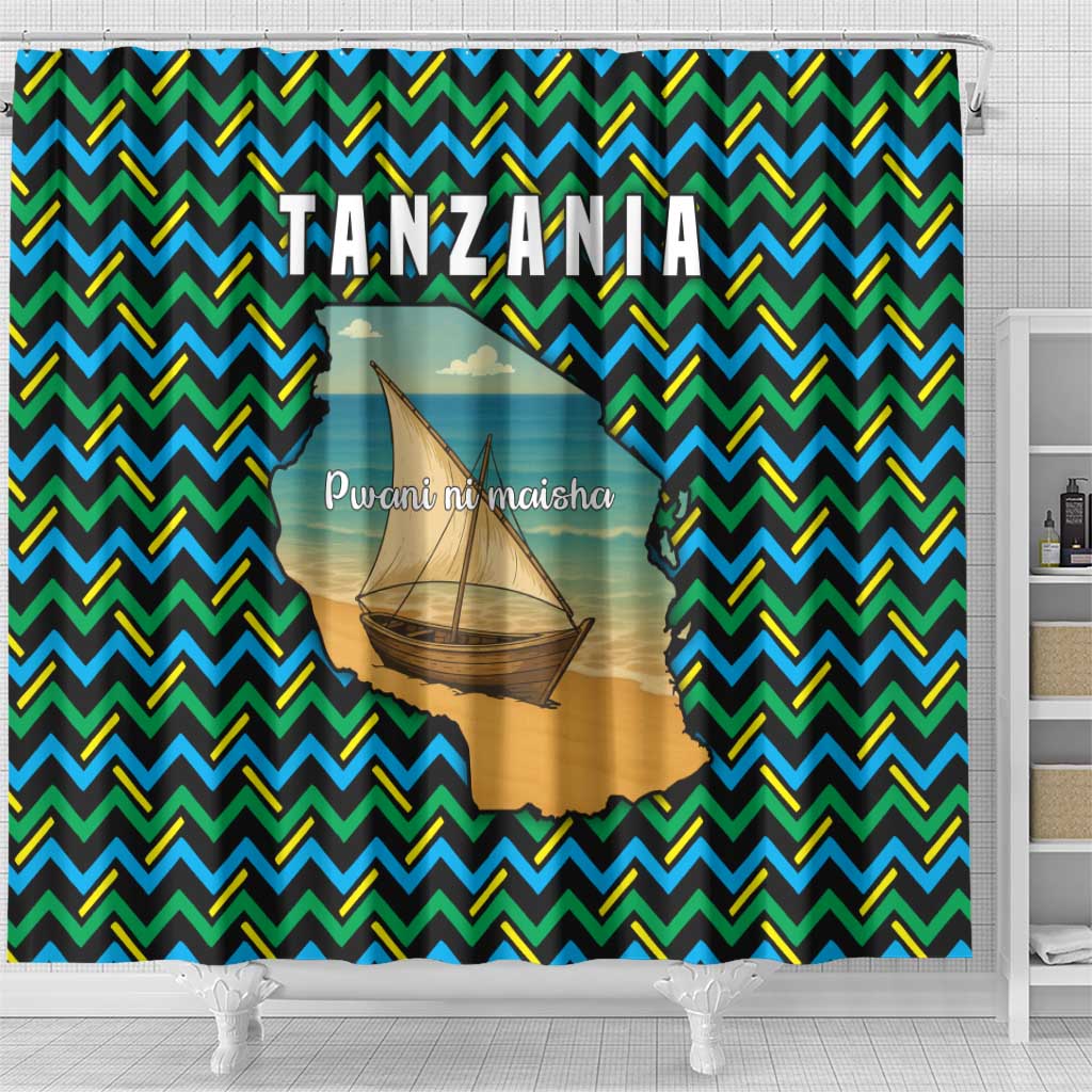 Tanzania Coastal Life Shower Curtain with Swahili Dhow Boat and Tribal Pattern - Wonder Print Shop
