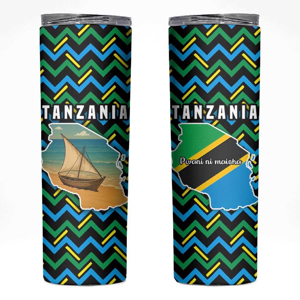 Tanzania Coastal Life Skinny Tumbler with Swahili Dhow Boat and Tribal Pattern - Wonder Print Shop