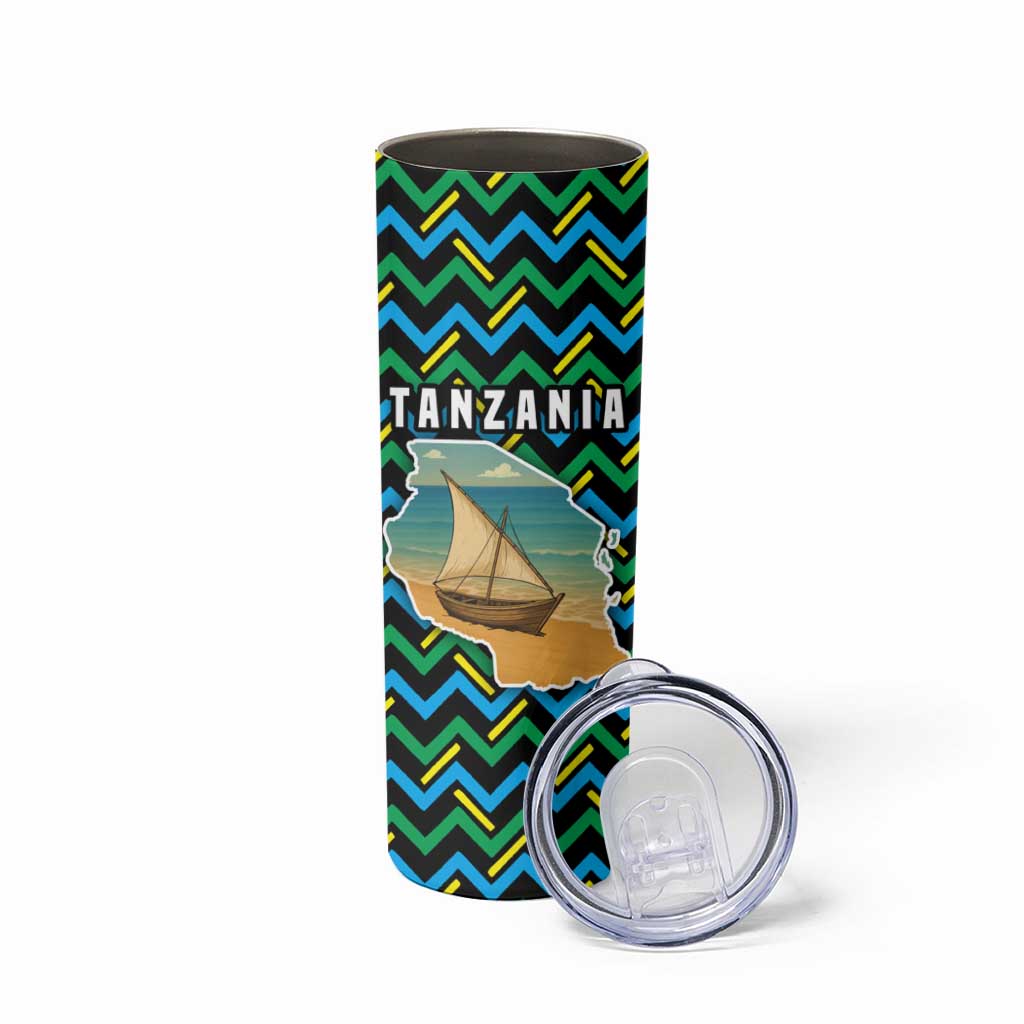 Tanzania Coastal Life Skinny Tumbler with Swahili Dhow Boat and Tribal Pattern - Wonder Print Shop