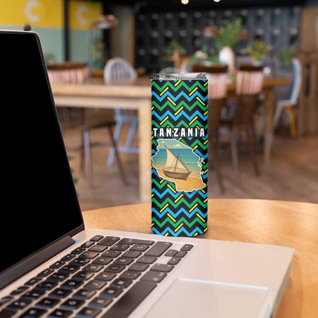 Tanzania Coastal Life Skinny Tumbler with Swahili Dhow Boat and Tribal Pattern - Wonder Print Shop