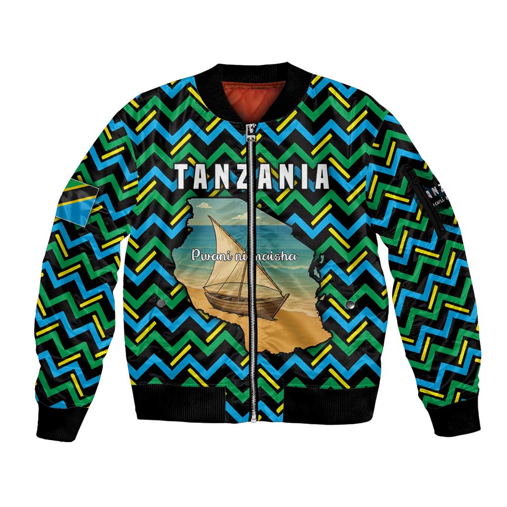 Tanzania Coastal Life Sleeve Zip Bomber Jacket with Swahili Dhow Boat and Tribal Pattern - Wonder Print Shop