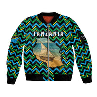 Tanzania Coastal Life Sleeve Zip Bomber Jacket with Swahili Dhow Boat and Tribal Pattern - Wonder Print Shop