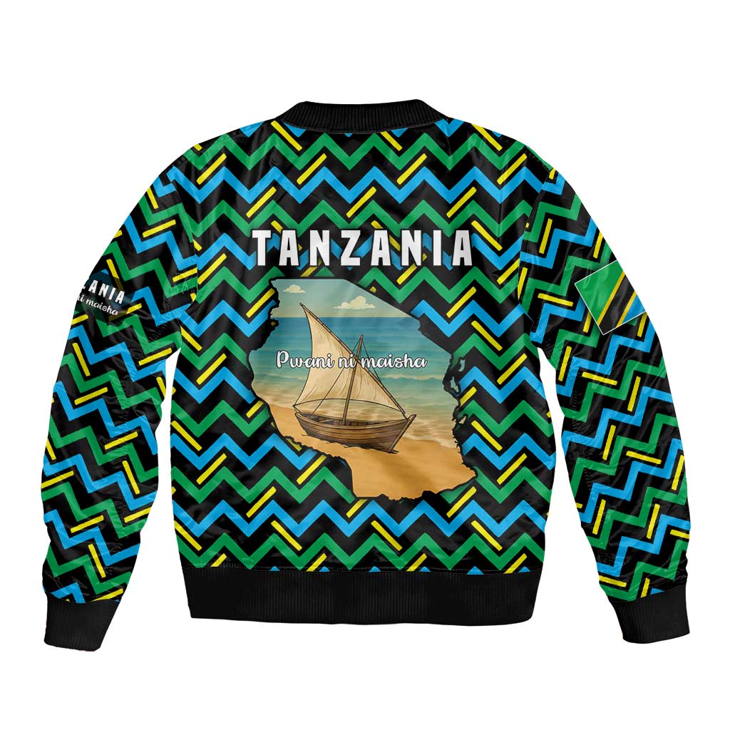 Tanzania Coastal Life Sleeve Zip Bomber Jacket with Swahili Dhow Boat and Tribal Pattern - Wonder Print Shop