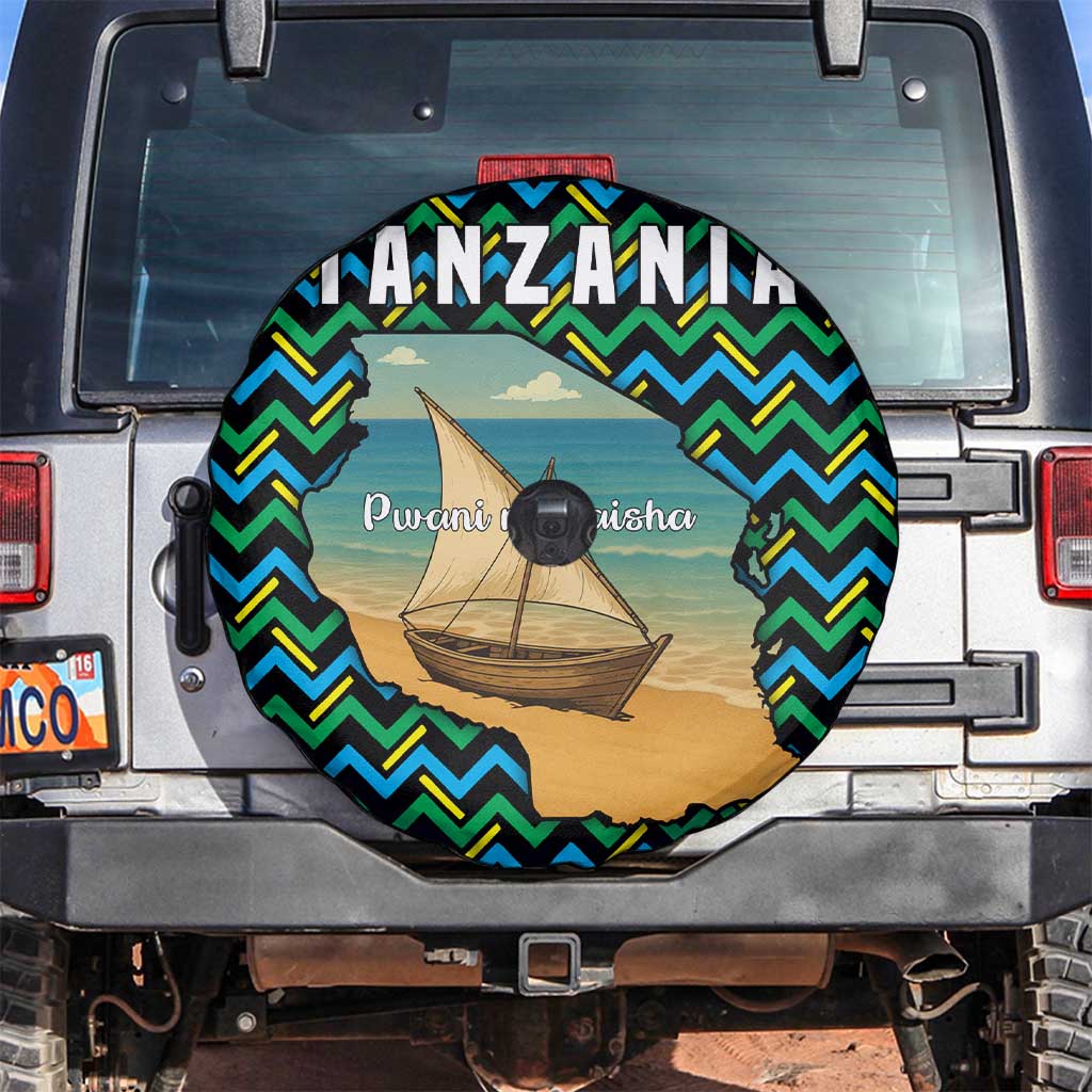 Tanzania Coastal Life Spare Tire Cover with Swahili Dhow Boat and Tribal Pattern - Wonder Print Shop