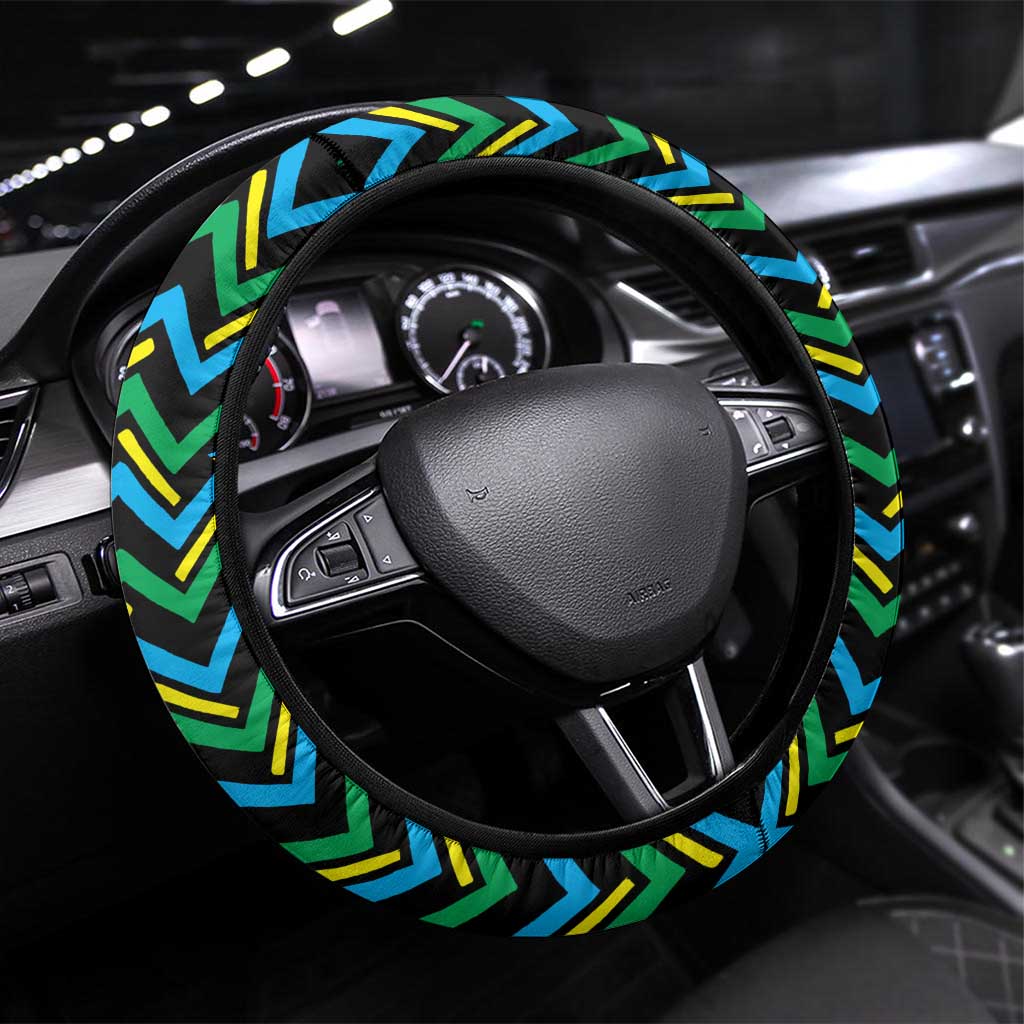Tanzania Coastal Life Steering Wheel Cover with Swahili Dhow Boat and Tribal Pattern - Wonder Print Shop