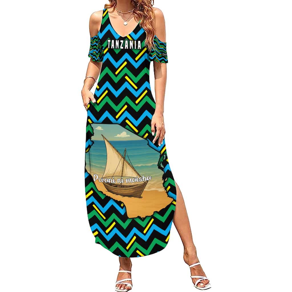 Tanzania Coastal Life Summer Maxi Dress with Swahili Dhow Boat and Tribal Pattern - Wonder Print Shop
