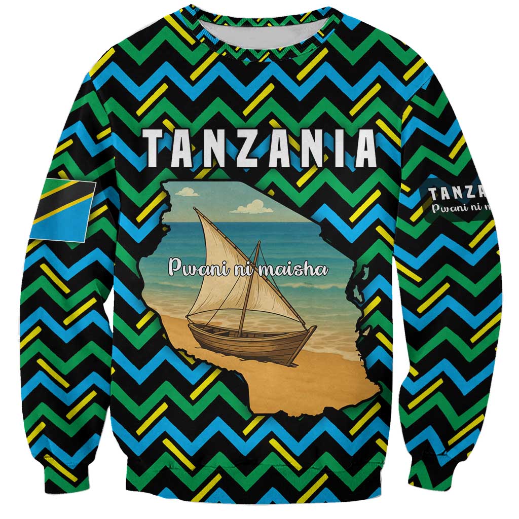 Tanzania Coastal Life Sweatshirt with Swahili Dhow Boat and Tribal Pattern - Wonder Print Shop