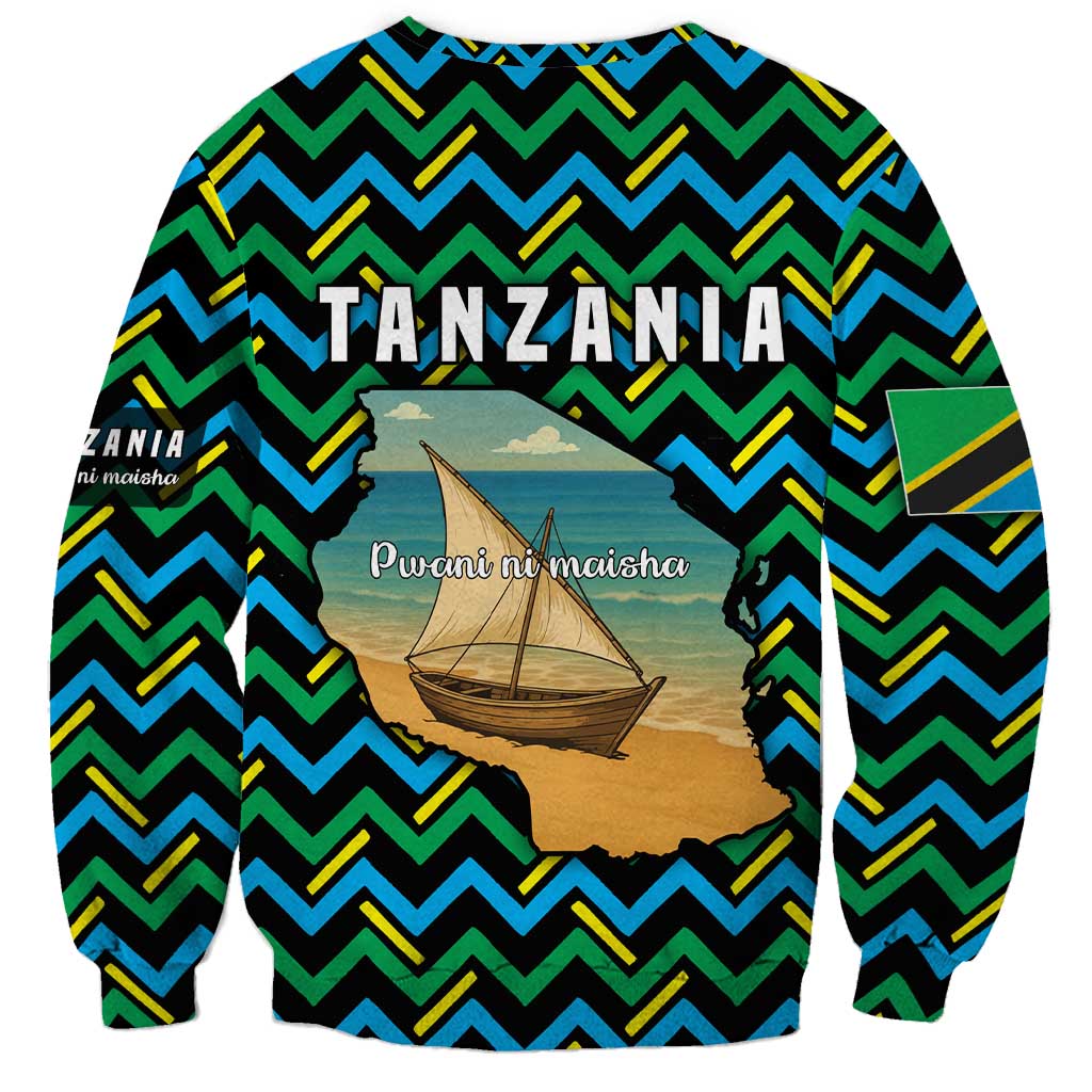 Tanzania Coastal Life Sweatshirt with Swahili Dhow Boat and Tribal Pattern - Wonder Print Shop
