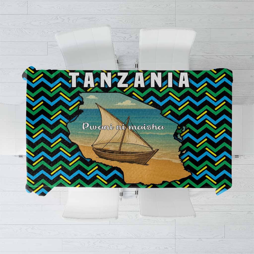 Tanzania Coastal Life Tablecloth with Swahili Dhow Boat and Tribal Pattern - Wonder Print Shop