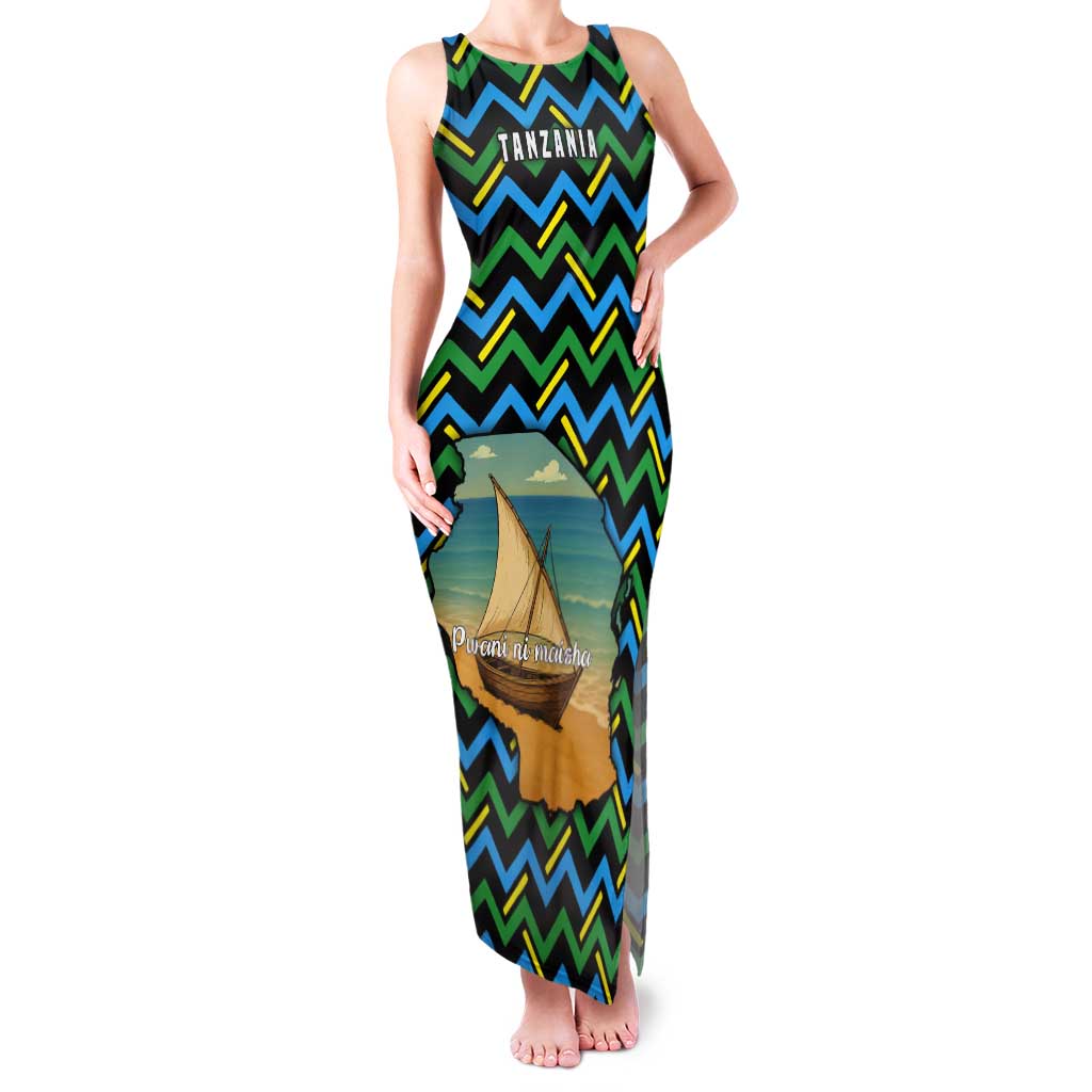 Tanzania Coastal Life Tank Maxi Dress with Swahili Dhow Boat and Tribal Pattern - Wonder Print Shop