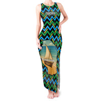 Tanzania Coastal Life Tank Maxi Dress with Swahili Dhow Boat and Tribal Pattern - Wonder Print Shop