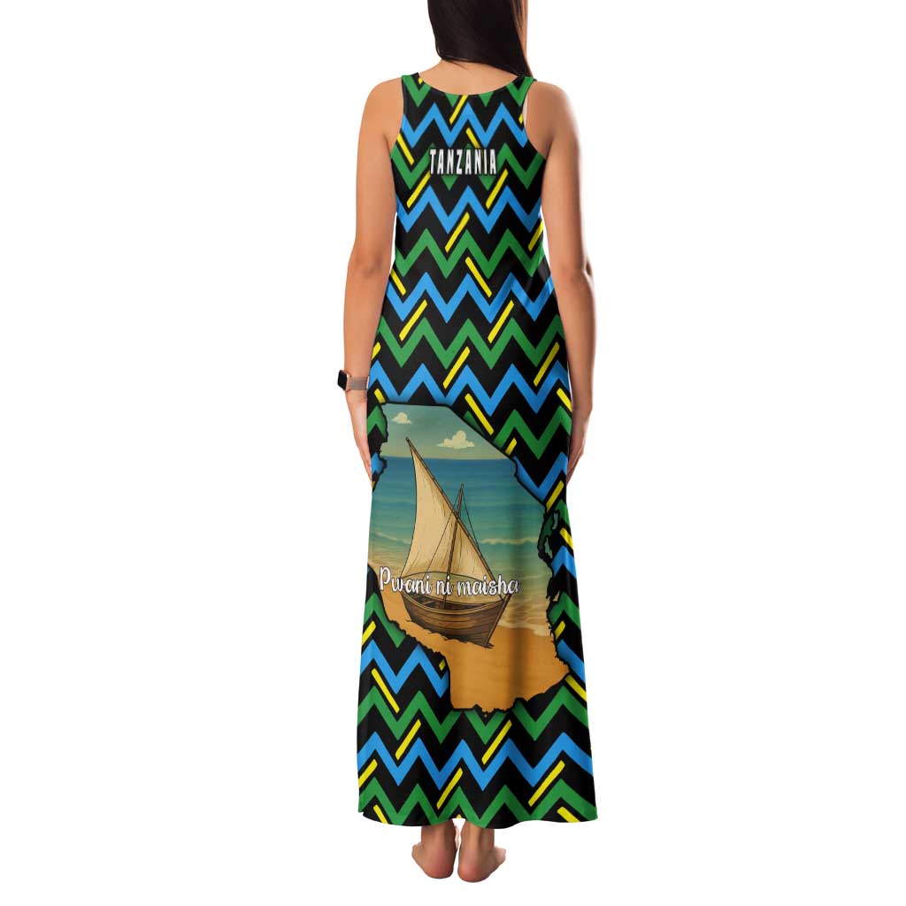 Tanzania Coastal Life Tank Maxi Dress with Swahili Dhow Boat and Tribal Pattern - Wonder Print Shop