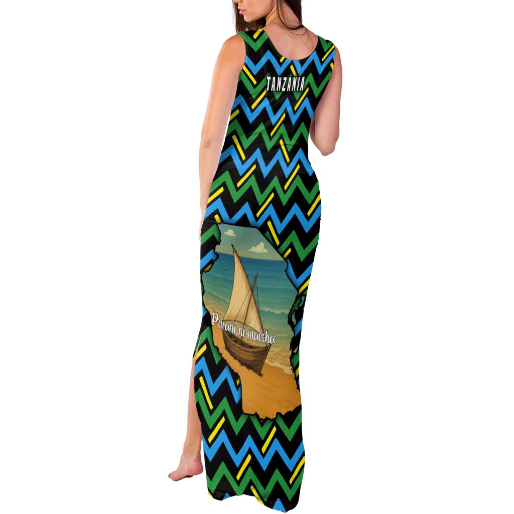Tanzania Coastal Life Tank Maxi Dress with Swahili Dhow Boat and Tribal Pattern - Wonder Print Shop