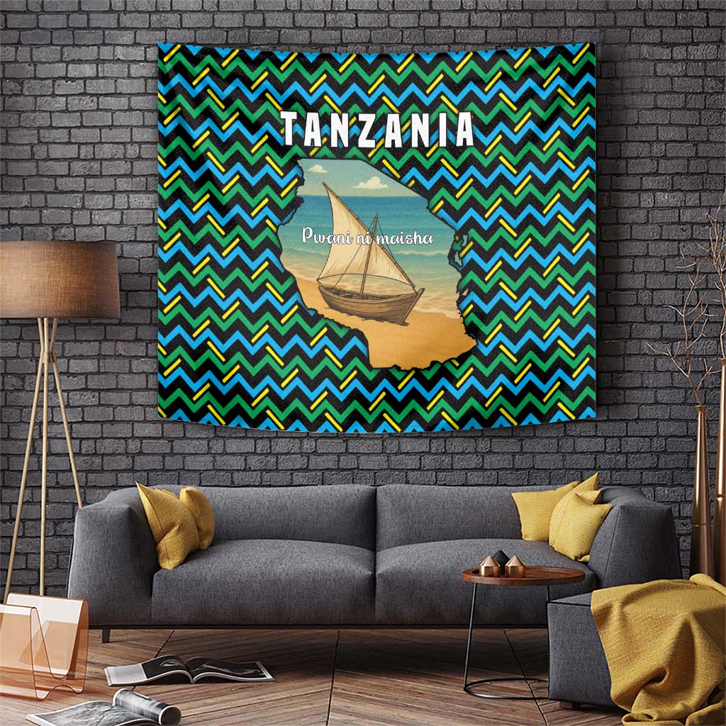 Tanzania Coastal Life Tapestry with Swahili Dhow Boat and Tribal Pattern - Wonder Print Shop