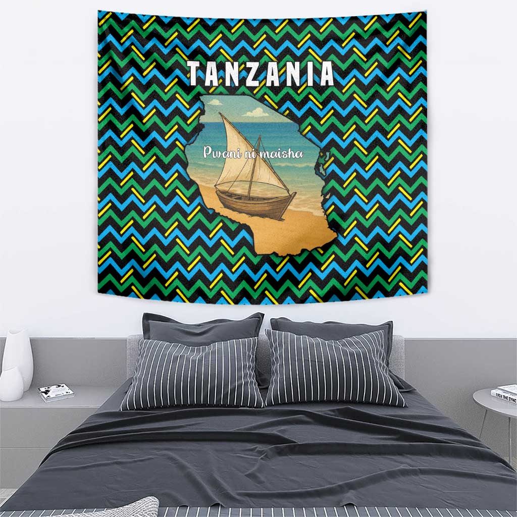 Tanzania Coastal Life Tapestry with Swahili Dhow Boat and Tribal Pattern - Wonder Print Shop
