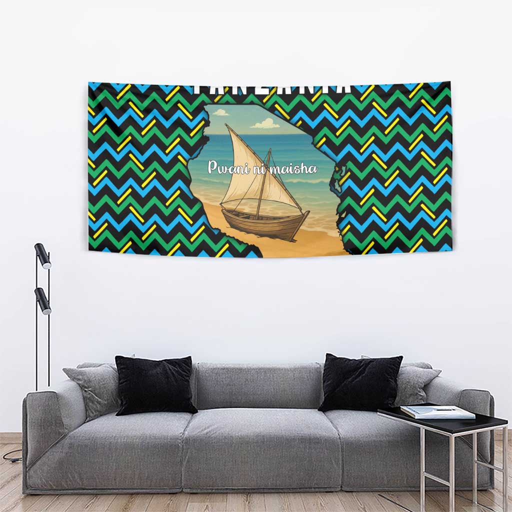 Tanzania Coastal Life Tapestry with Swahili Dhow Boat and Tribal Pattern - Wonder Print Shop