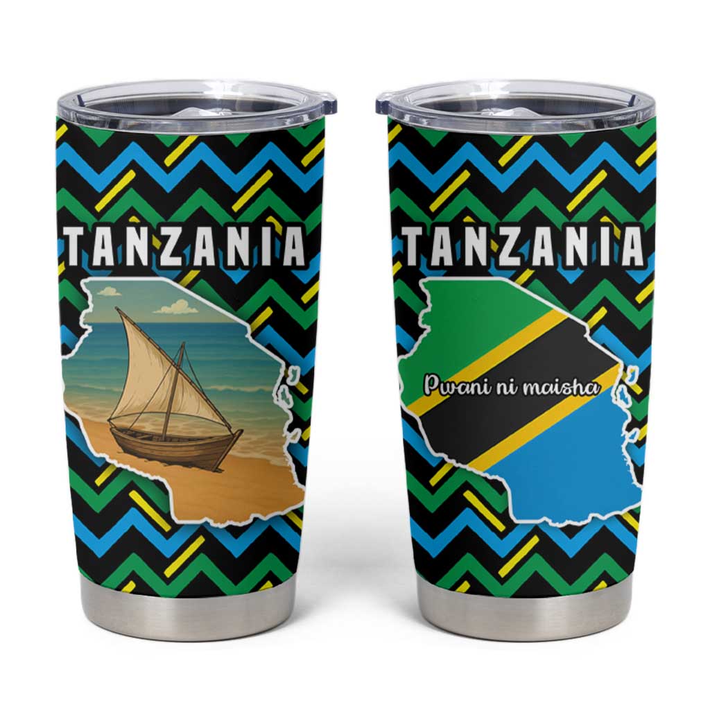 Tanzania Coastal Life Tumbler Cup with Swahili Dhow Boat and Tribal Pattern - Wonder Print Shop