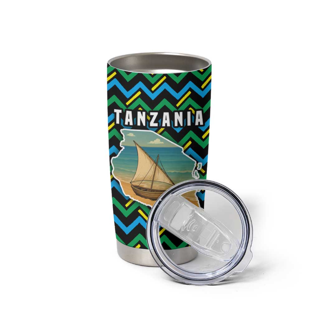 Tanzania Coastal Life Tumbler Cup with Swahili Dhow Boat and Tribal Pattern - Wonder Print Shop