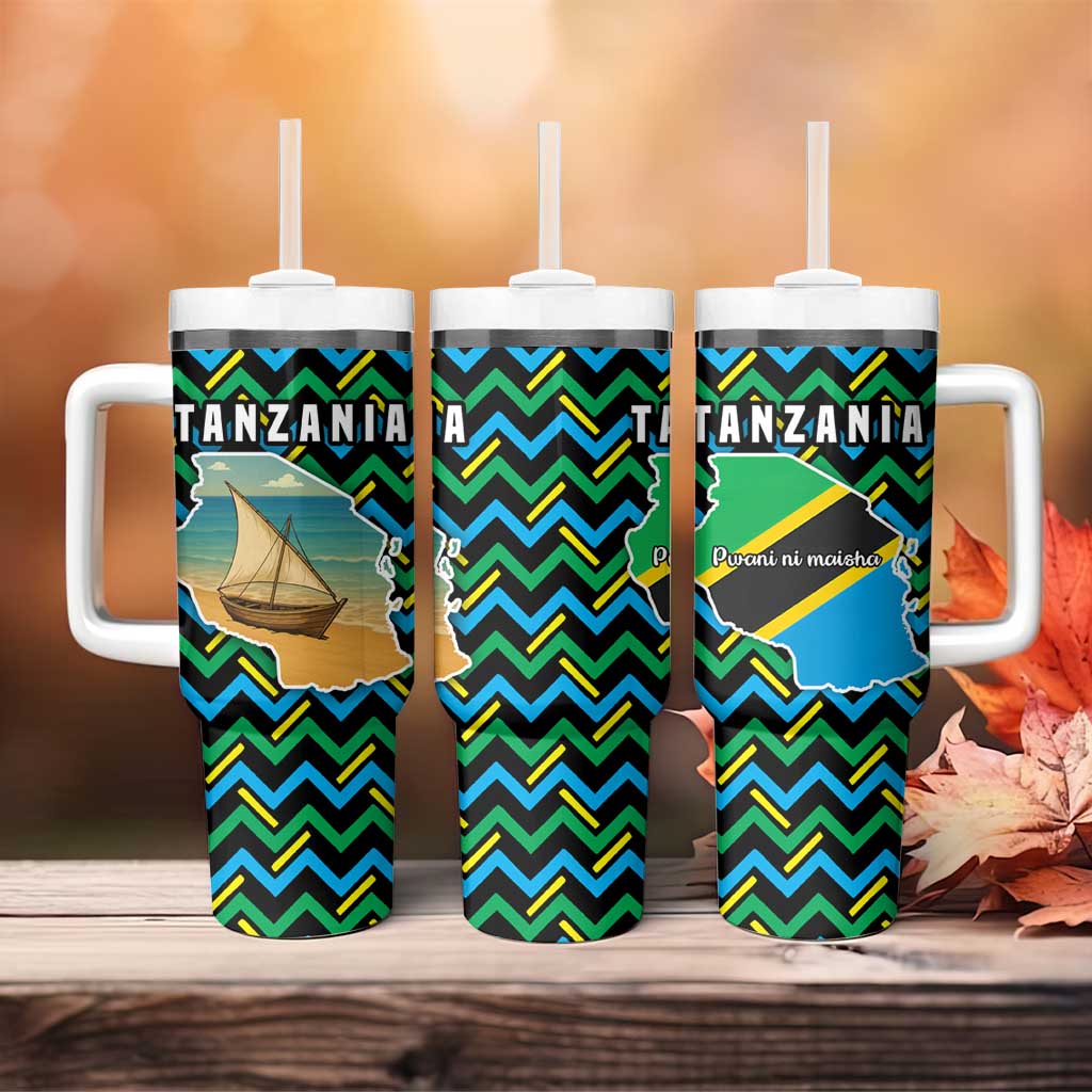 Tanzania Coastal Life Tumbler With Handle with Swahili Dhow Boat and Tribal Pattern - Wonder Print Shop
