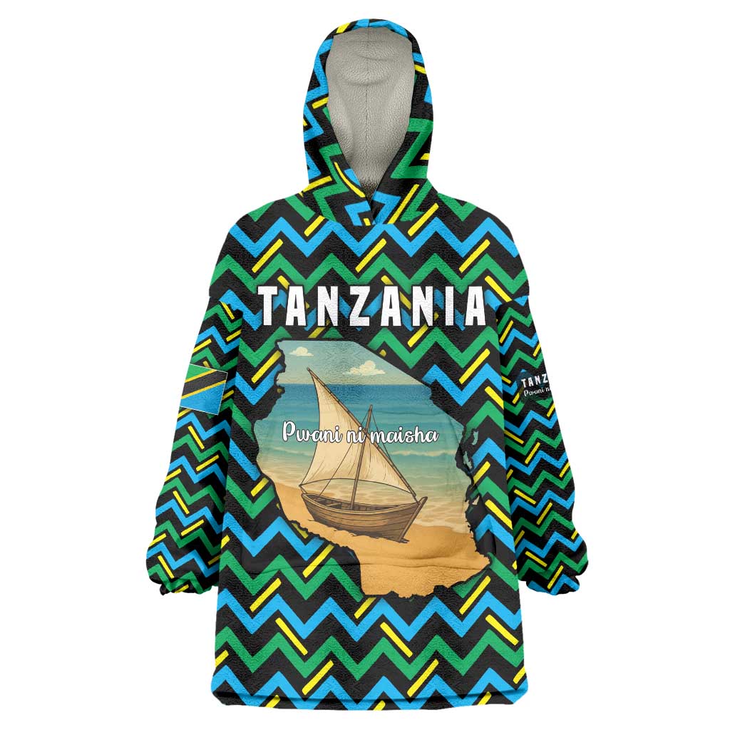 Tanzania Coastal Life Wearable Blanket Hoodie with Swahili Dhow Boat and Tribal Pattern - Wonder Print Shop